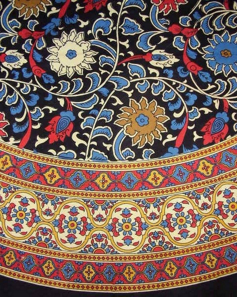 India Arts Sunflower Print Round Cotton Tablecloth 70" Yellow on Black - Image 1